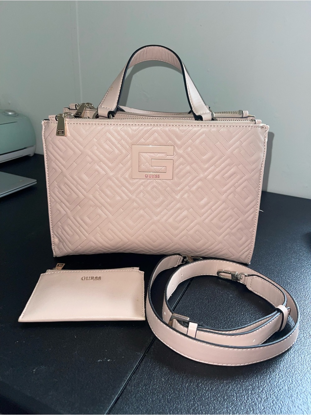 GUESS Blush Pink Quilted Top-Handle Satchel with Detachable Strap